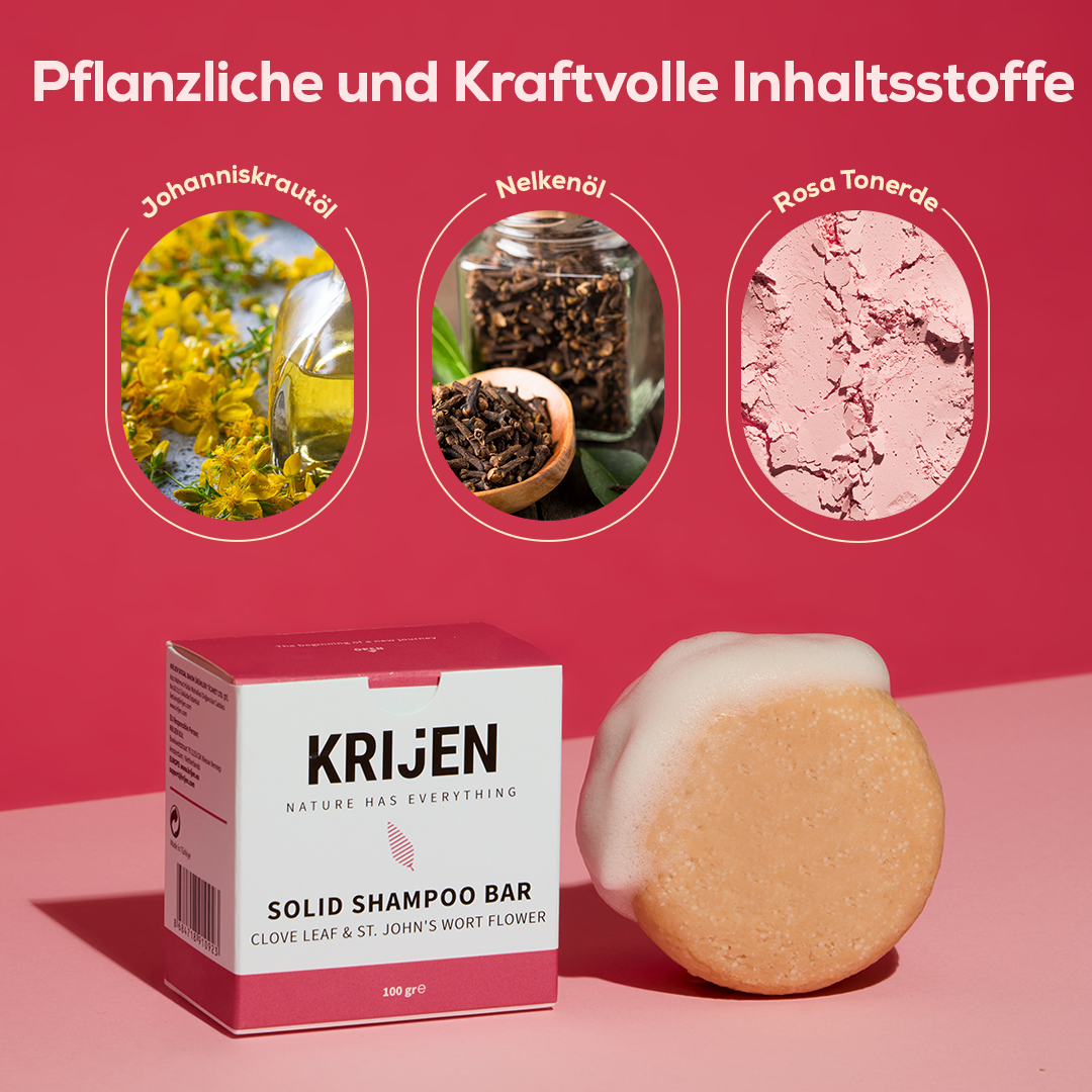 Festes Shampoo mit Nelkenblättern und Johanniskrautblüte 100 g – mit natürlichem Kürbis-Luffa